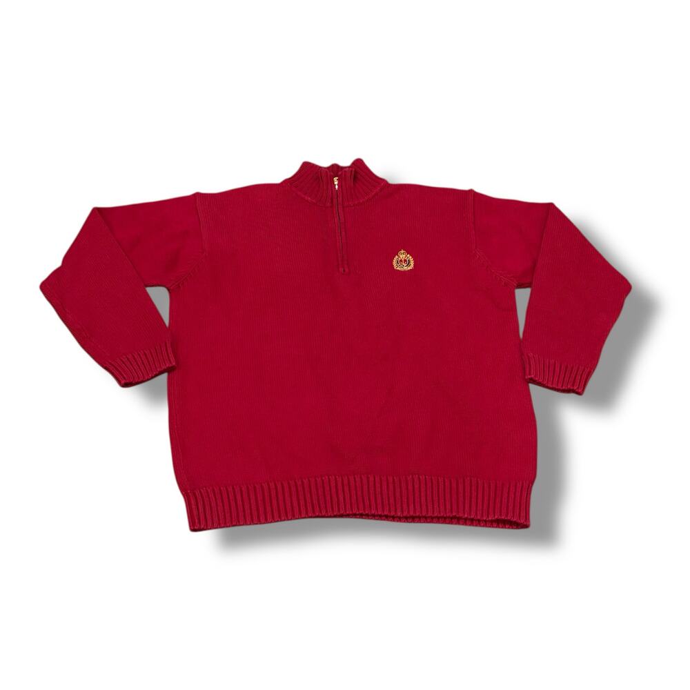 Ralph Lauren Women’s Size L Red Crest Embroidered 1/4 Zip 100% Cotton Sweater